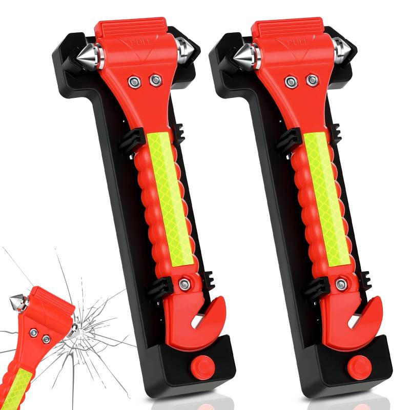 NEUTYPECHIC 2 Stück Notfallhammer Auto mit Gurtschneider 2 in 1, Sicherheitshammer mit Gurtschneider Schnelles Schneiden, Nothammer Auto Nachtreflexionsstreifen, Fenster Rettungshammer für Busse, LKW von NEUTYPECHIC