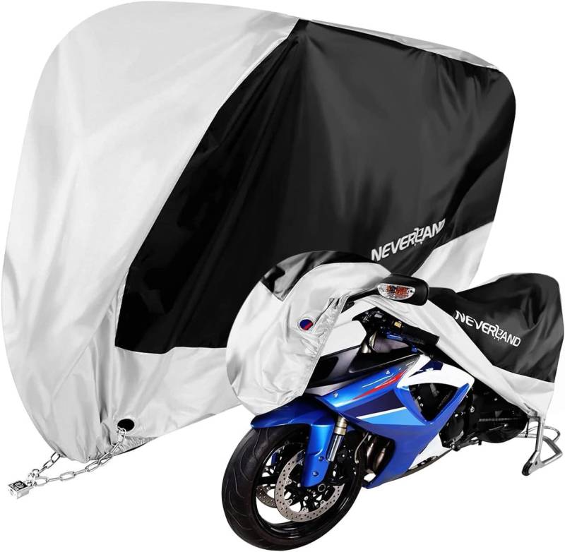 NEVERLAND Motorrad Abdeckplane Outdoor Mit Reflektierendem Design, Garage Mit Gewebten Verschlusslöchern, 190T Polyester 1000PA Wasserdicht Sonnenschutz XL:245x105x125cm von NEVERLAND
