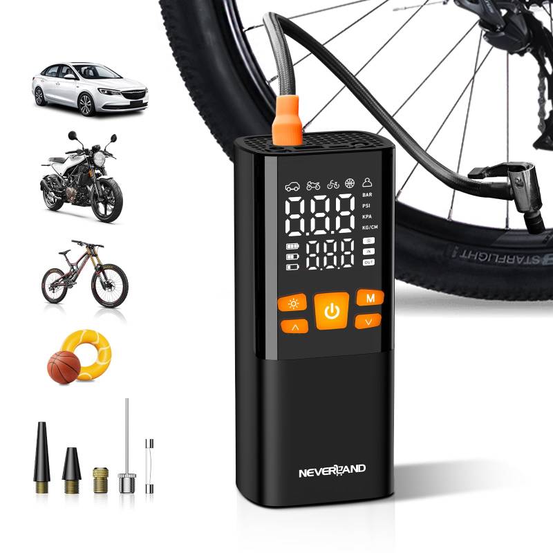 NEVERLAND Fahrradpumpe Elektrische Luftpumpe Akku Kompressor - 150 PSI Tragbare Mini Luftpumpe für Auto, Motorrad, Fahrrad & Bälle, USB-C Wiederaufladbar, LED Taschenlampe, Powerbank Funktion von NEVERLAND