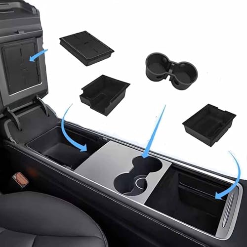NEWFUN 4 Pcs Zubehör für Tesla Model Y 2021-2024 und Model 3 2021-2023, Mittelkonsole Organizer Armlehne Aufbewahrungsbox Armlehne Versteckte Aufbewahrungsbox Mittelkonsolen Getränkehalter von NEWFUN