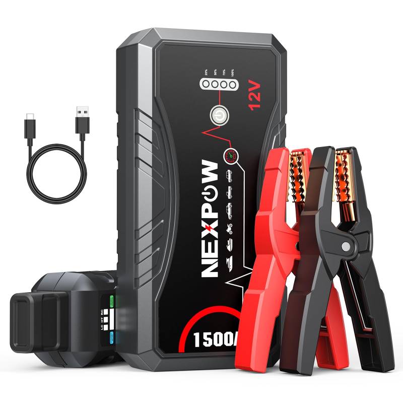 NEXPOW Starthilfe Powerbank, 1500A Spitzstrom Tragbare Auto Starthilfe 12V für 7.0L Benzin und 5.5L Dieselmotor, Starter Powerbank mit LED Taschenlampe/USB QC3.0 von NEXPOW