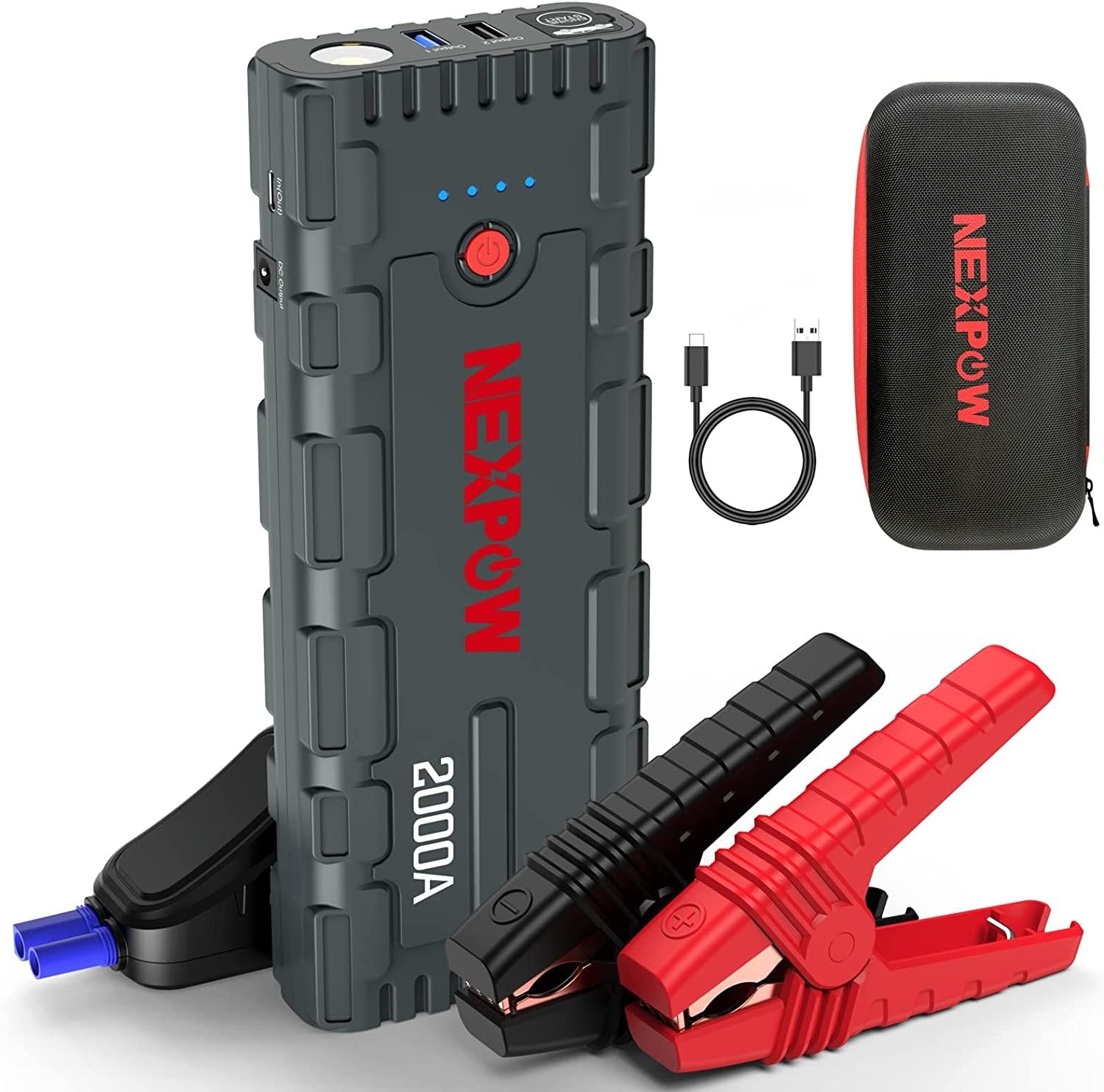 NEXPOW Starthilfe Powerbank, 2000A Spitzenstrom Auto Starthilfe, 12V Tragbarer Batterie Booster mit USB-Schnellladung 3.0 (bis zu 7,0L Benzin oder 6,5L Diesel) Safe Batteriestarter LED-Licht (grau) von NEXPOW