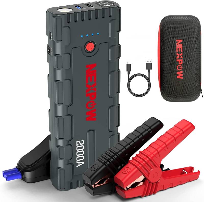 NEXPOW Starthilfe Powerbank, 2000A Spitzenstrom Auto Starthilfe, 12V Tragbarer Batterie Booster mit USB-Schnellladung 3.0 (bis zu 7,0L Benzin oder 6,5L Diesel) Safe Batteriestarter LED-Licht (grau) von NEXPOW