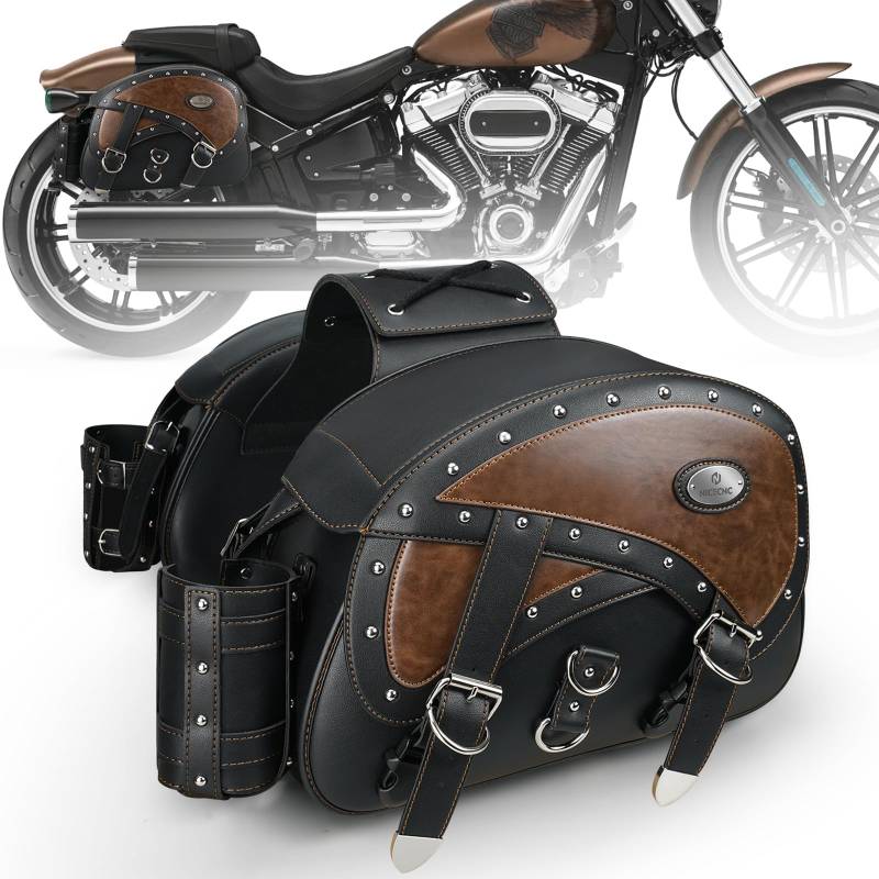 NICECNC Motorrad Satteltaschen Leder, 35L Große Kapazität Überwurf Satteltaschen Motorrad Seitengepäcktaschen mit Getränkehaltern Compatible with Sportster Softail Dyna Shadow Road King Universal, von NICECNC