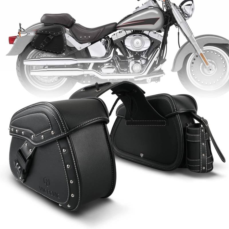 NICECNC Motorrad Satteltaschen PU-Leder, 22L große Kapazität Seite Satteltaschen Gepäcktasche mit Getränkehalter und Schloss, Compatible with Harley Softail Dyna Iron Fat Boy V-Star Shadow Vulcan von NICECNC
