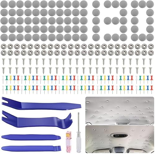 Auto Dachhimmel Reparatur Set,130PCS KFZ Reparatur Nieten, Auto Himmel Befestigung, Universal Auto Verdeck Reparatur mit Stecknadeln Schraubendreher Maßband, Autohimmel Reparieren für Alle Autos von NIEEKRUN