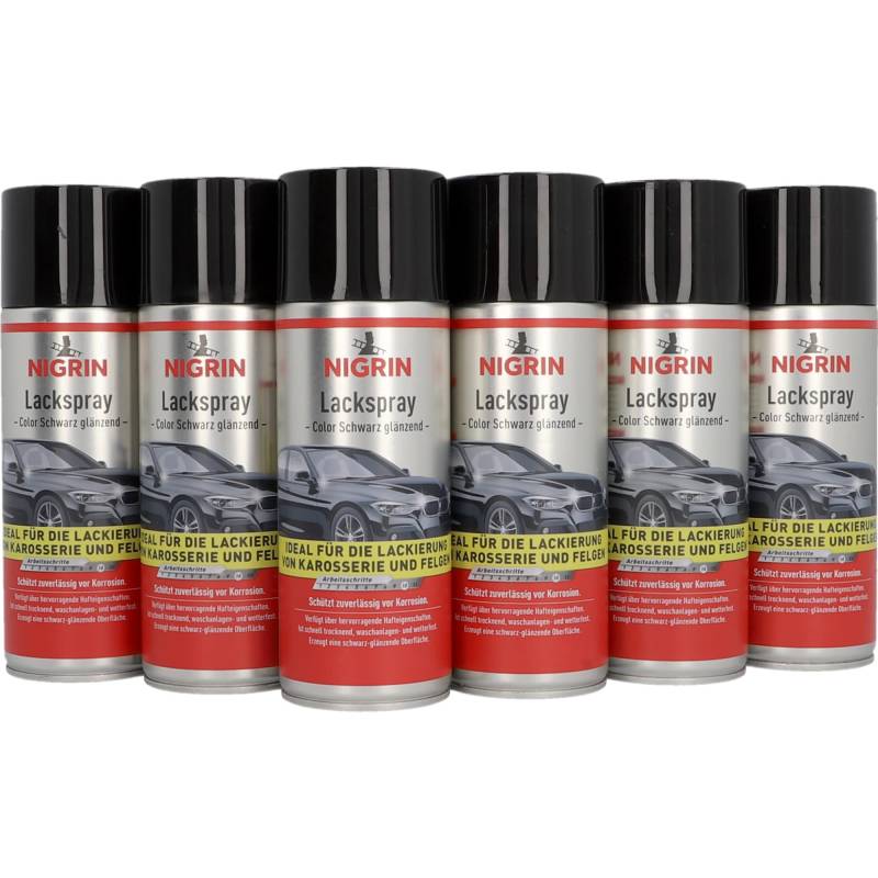 NIGRIN Lackspray, 6 x 400 ml, schwarz glänzender Autolack, schützt Felgen und Karosserie vor Rost, schnell trocknend von NIGRIN