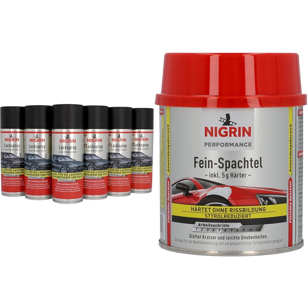 NIGRIN Lackspray, 6 x 400 ml, mattschwarzer Autolack & Performance Fein-Spachtel, härtet ohne Rissbildung, glättet Kratzer und Unebenheiten, 245 g inkl. 5 g Härter von NIGRIN