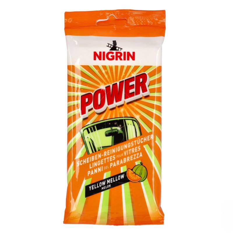 NIGRIN POWER Scheiben Reinigungstücher, für innen und außen, streifen-und schlierenfrei, praktisch für unterwegs, sicher und schonende Anwendung, Yellow Mellow, 20 Tücher von NIGRIN