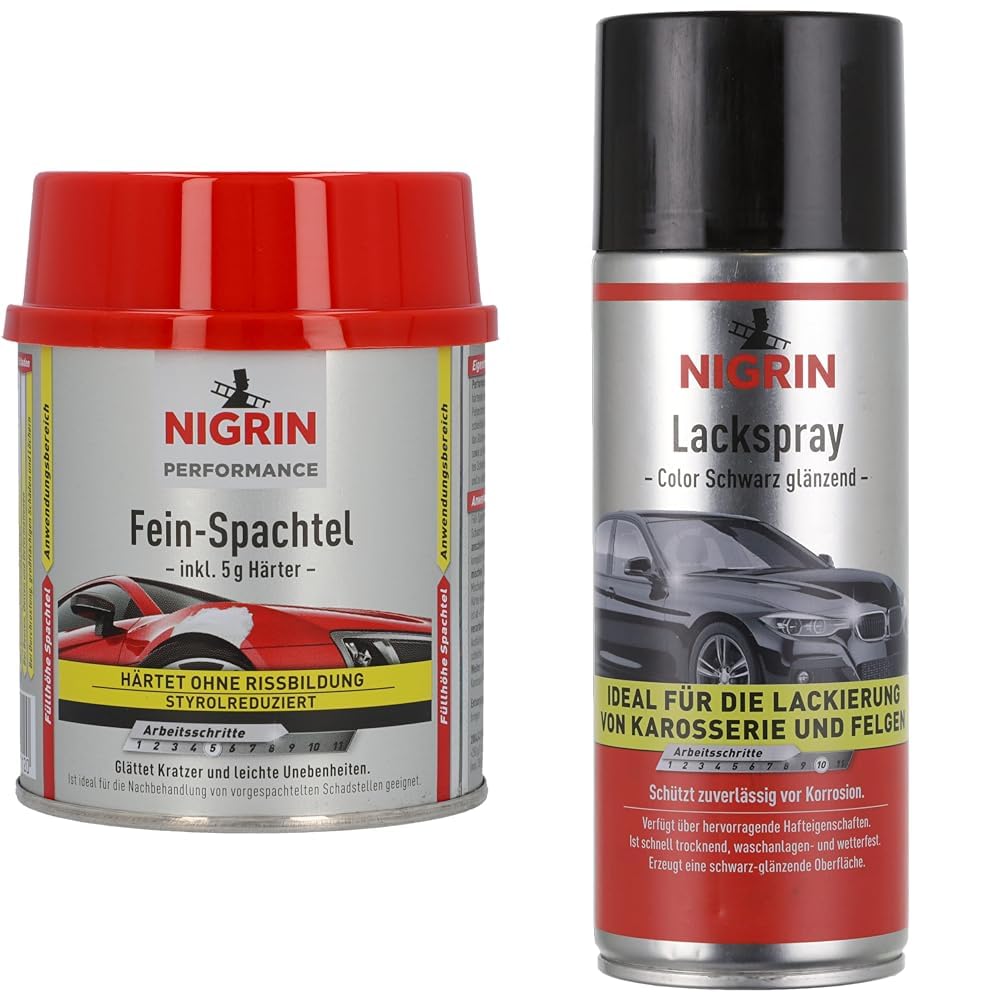 NIGRIN Performance Fein-Spachtel & Lackspray, 400 ml, schwarz glänzender Autolack, schützt Felgen und Karosserie vor Rost, schnell trocknend von NIGRIN