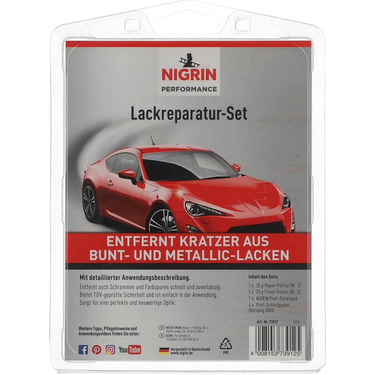 NIGRIN Performance Lackreparatur-Set, Kratzer Entferner, 1x Repair-Politur, 1x Finnish-Politur, 4x Profi –Schleifpapier, für leichte, mittlere und schwere Kratzer im Autolack von NIGRIN