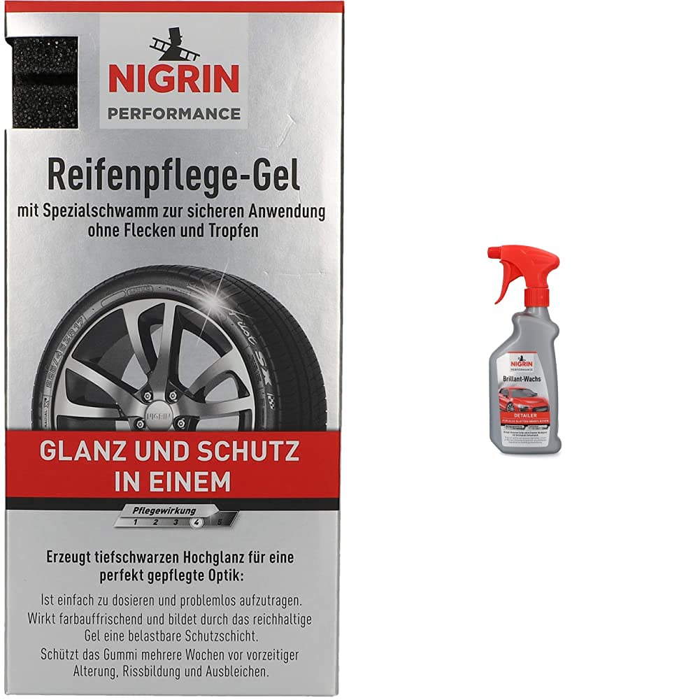 NIGRIN Performance Reifen-Gel, 300 ml, schützt Autoreifen vor UV-Strahlen, Schmutz und Salz & Performance Brillant-Wachs TURBO Auto Wachs, 500 ml Sprüh-Flasche, intensiviert Farben von NIGRIN