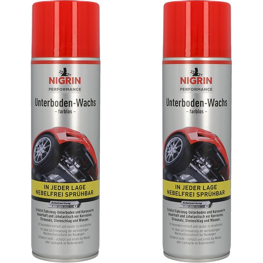 NIGRIN Performance Unterboden Wachs, Schutz von Fahrzeug-Unterböden und Karosserien, erhält Metall- oder Lackoptik im Bodenbereich, einfach und sauber verarbeitbar, 500 ml (Packung mit 2) von NIGRIN