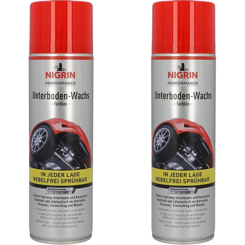 NIGRIN Performance Unterboden Wachs, Schutz von Fahrzeug-Unterböden und Karosserien, erhält Metall- oder Lackoptik im Bodenbereich, einfach und sauber verarbeitbar, 500 ml (Packung mit 2) von NIGRIN