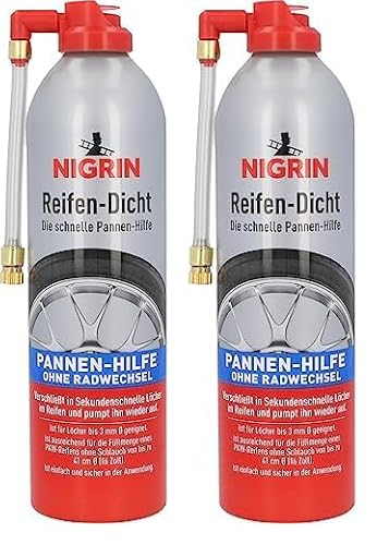 NIGRIN Reifendicht, 500 ml, sofortige Pannenhilfe, Reifendichtmittel repariert Löcher im Reifen im Handumdrehen ohne Montage, Rot,Weiß (Packung mit 2) von NIGRIN