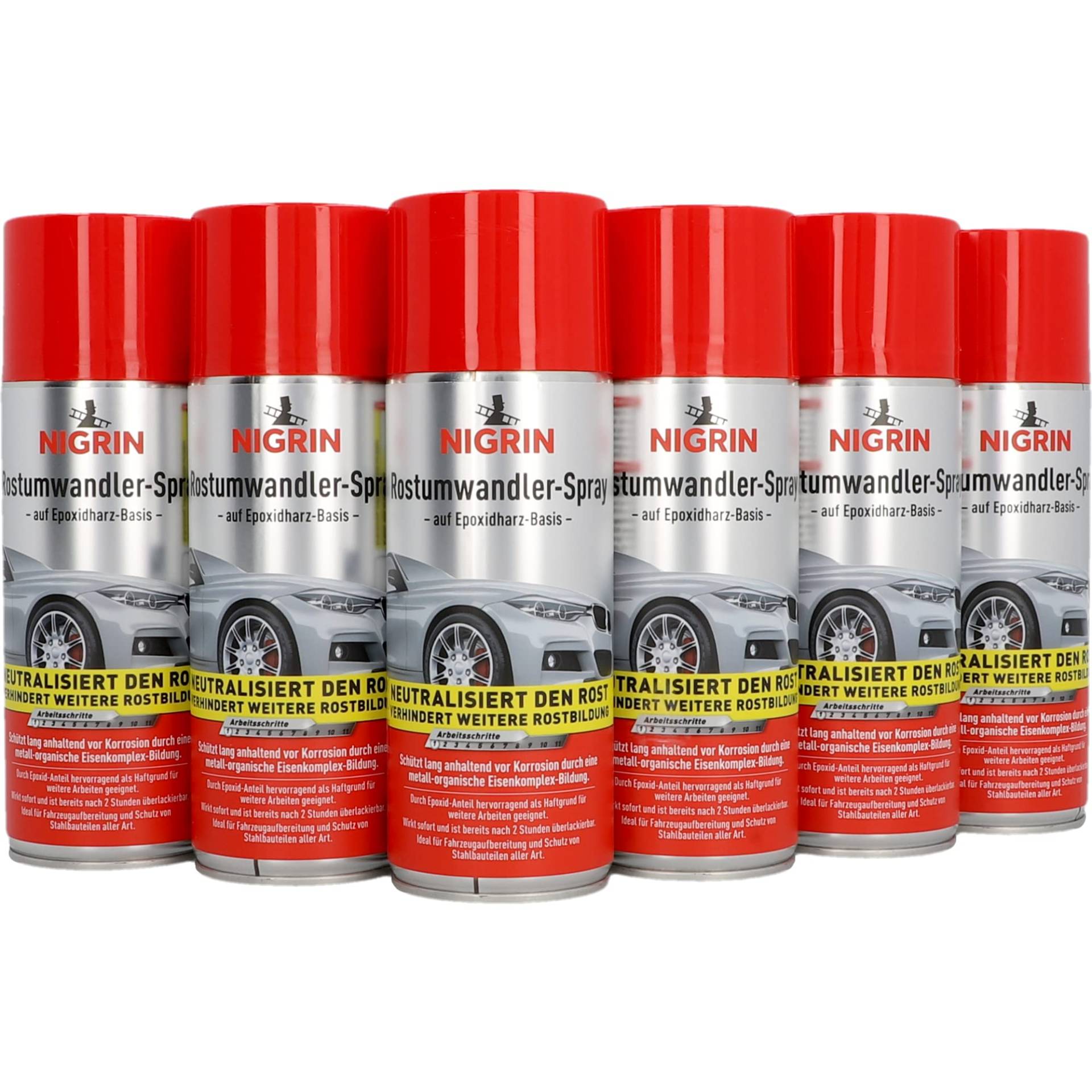NIGRIN Rostumwandler Spray, 6 x 400 ml, Korrosionsschutz Lack mit rostumwandelnden Eigenschaften, langanhaltender Korrosionsschutz von NIGRIN