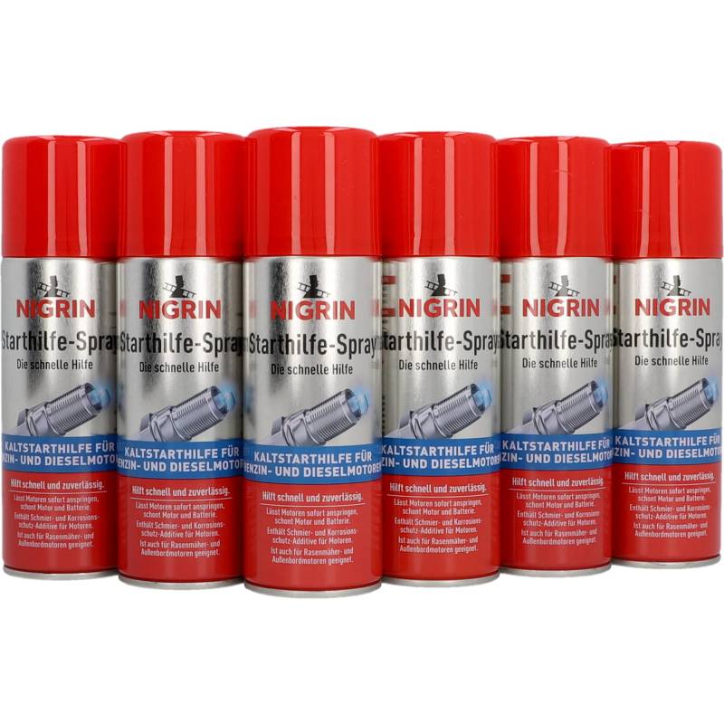 NIGRIN Starthilfespray, 6 x 200 ml, Kaltstarthilfe für Benzin- und Dieselmotoren, mit Schmier- und Korrosionsschutz-Additiven von NIGRIN