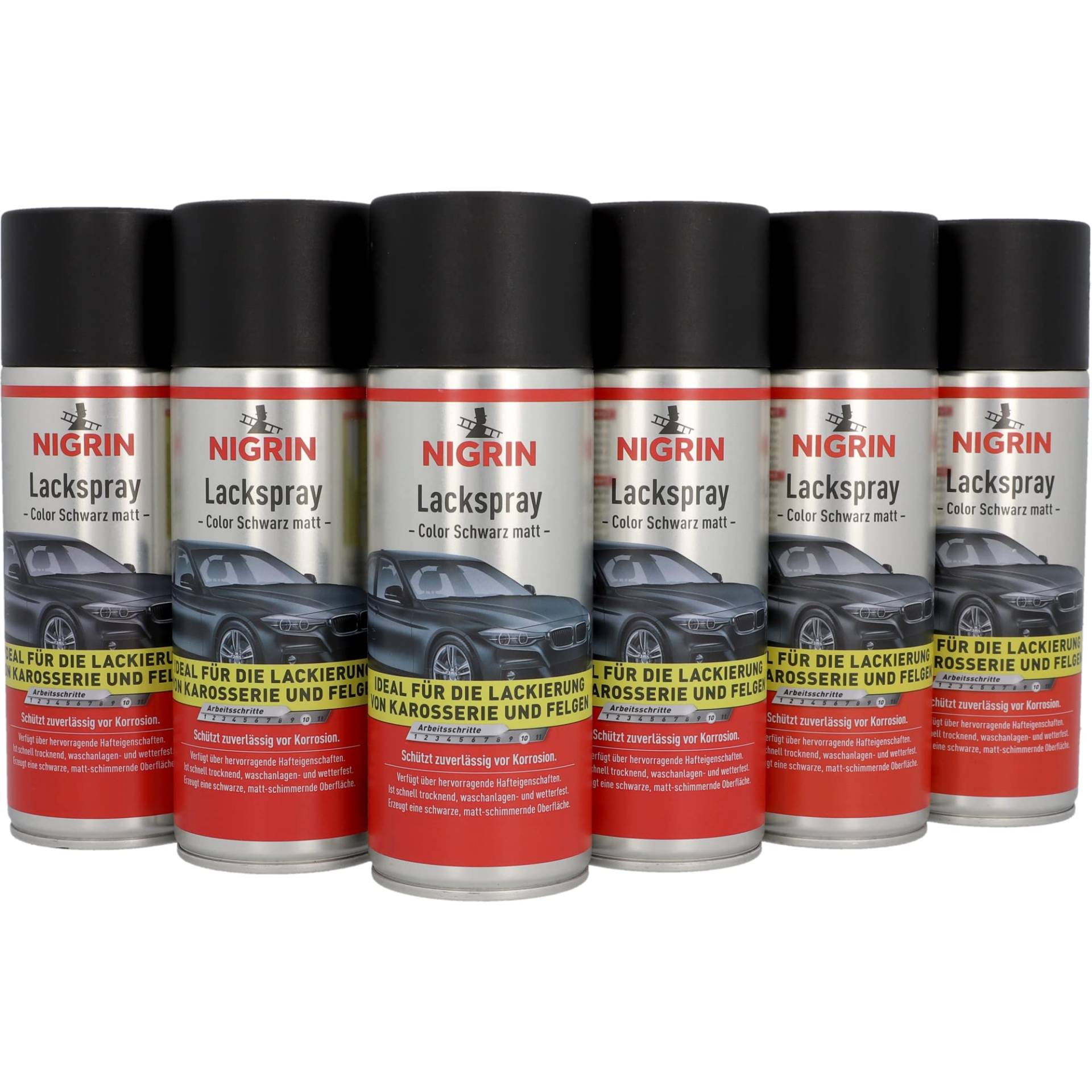 NIGRIN Lackspray, 6 x 400 ml, mattschwarzer Autolack, schützt Felgen und Karosserie vor Rost, schnell trocknend von NIGRIN