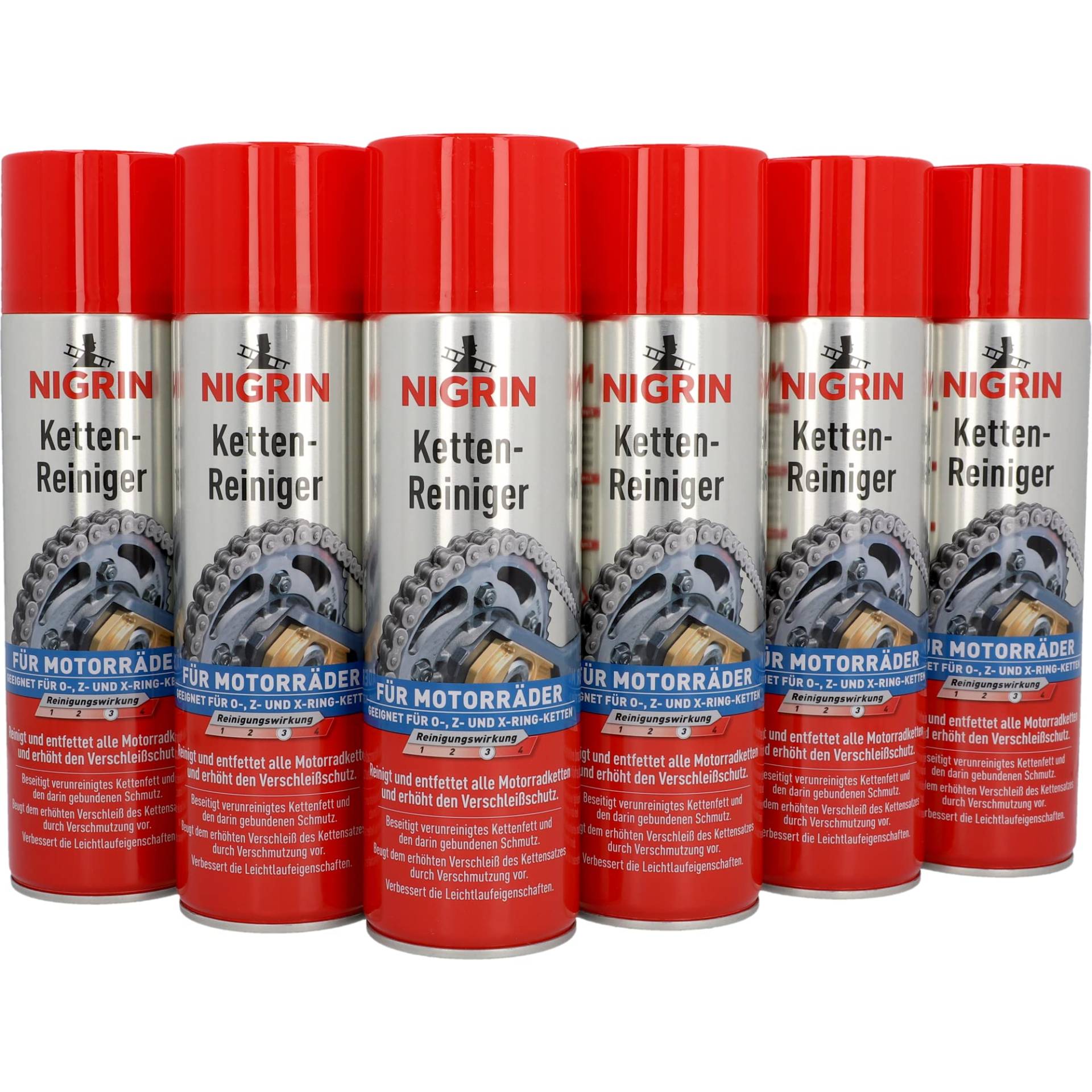 NIGRIN Kettenreiniger, 6 x 500 ml Sprühdose, Kettenspray für Motorrad, reinigt und entfettet Motorradketten von NIGRIN