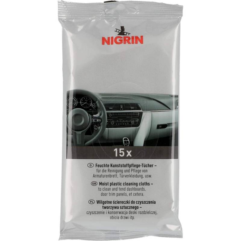 Nigrin 74152 Kunststoff-Pflege-Tücher, feuchte Tücher zur Reinigung und Pflege von Armaturenbrett, Türverkleidungen, 15 Stück von NIGRIN