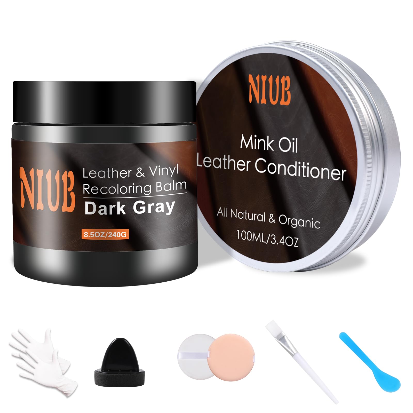 NIUB Lederreparaturset, 240g Dunkelgrau mit Schutzöl Kunstleder Reparatur Set, Leder Kratzer Entferner, Leder Rückfärbebalsam für Sofas, Lederschuhe, Ledercouch Farbe, Schnell trocknender Lederbalsam von NIUB