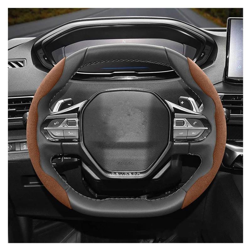 Auto Lenkradabdeckung Für Peugeot 508 207 3008 2008 307 308 206 208 5008 301 Wildleder Snap-on Lenkrad Abdeckung Lenkradbezug Fürs Auto(Brown 2-Piece Set) von NLNPFGHVZY