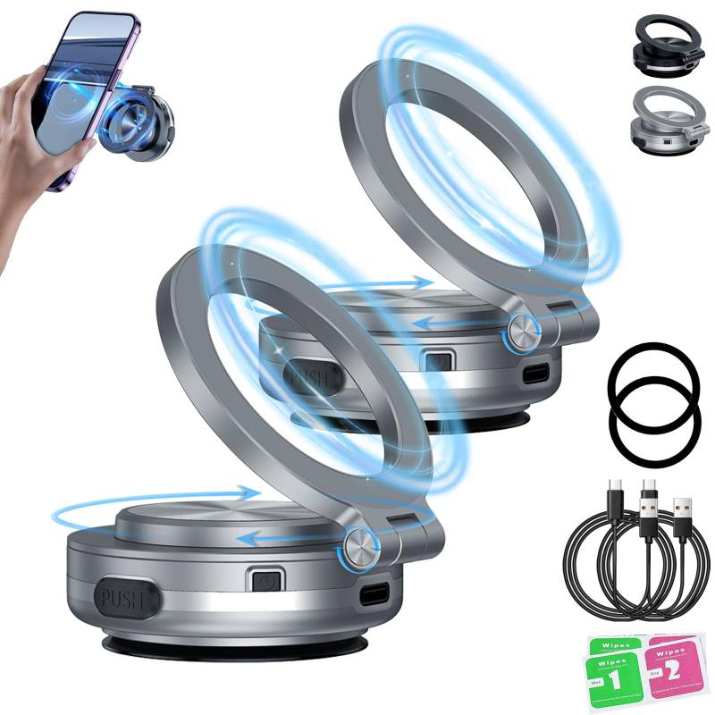 Car Electric Suction Cup Vacuum Magnetic Phone Holder, Electric Vacuum Magnetic Car Phone Mount - 360° Rotating Magnetic Phone Holder, Magnetic Suction Phone Mount (Silver-2PCS) von NNBWLMAEE