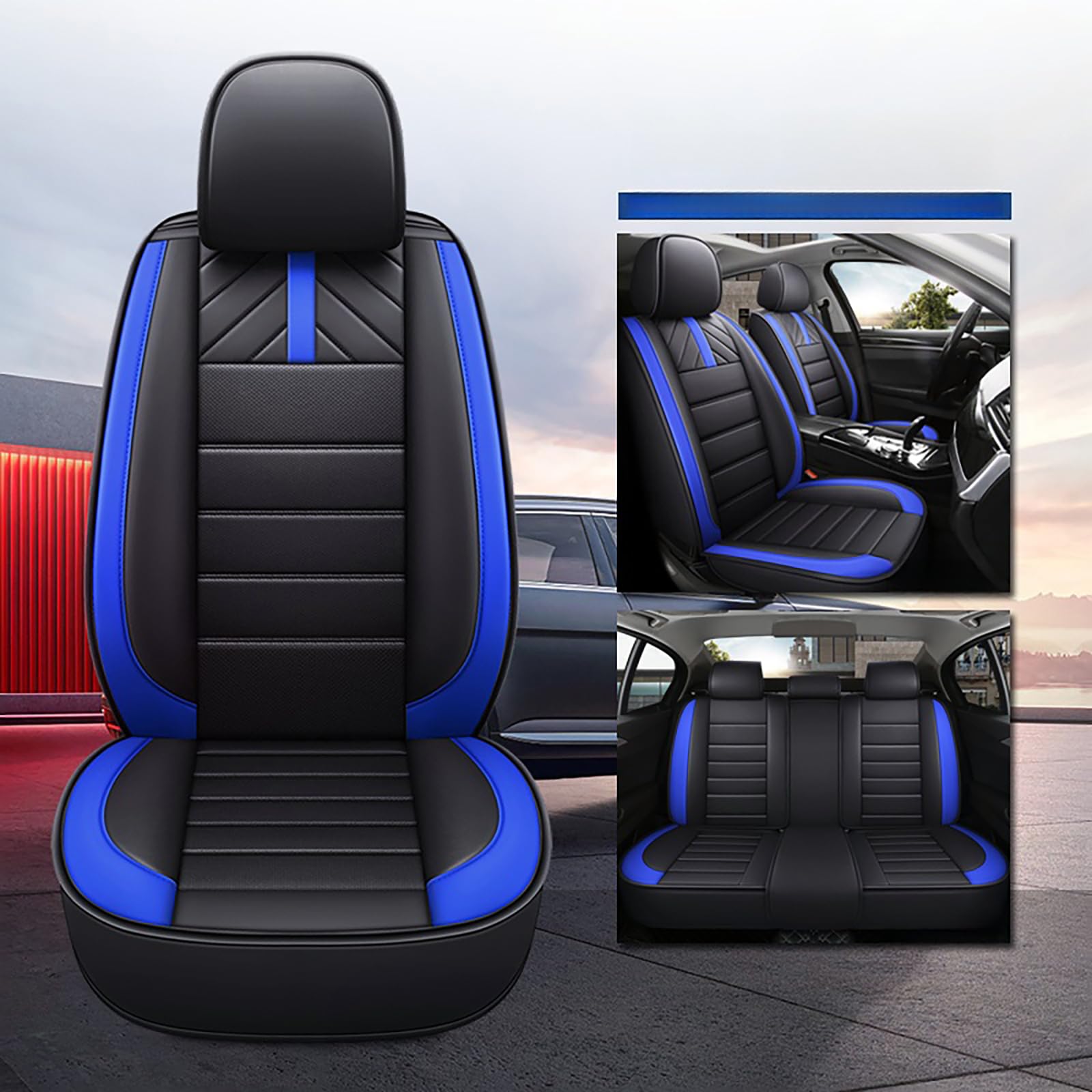 NOBQUA Autositzbezüge Universal Set, Leder Autositzbezug Komplettset, Aus Premium Leder + Einzigartigem Design 5-Sitzer Sitzbezüge (Kompatible Automodelltabelle enthalten) von NOBQUA