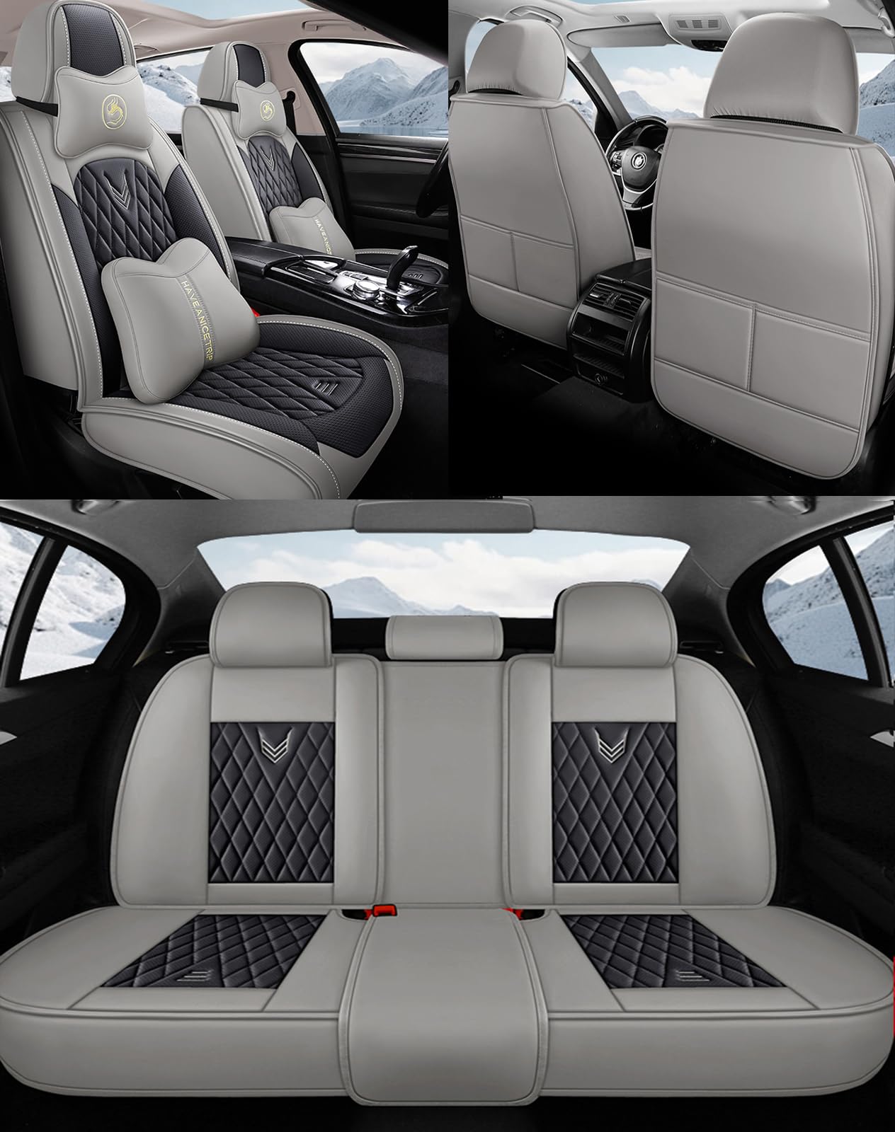 NOBQUA Autositzbezüge Universal Set, Leder Autositzbezug Komplettset, Aus Premium Leder + Einzigartigem Design 5-Sitzer Sitzbezüge (Kompatible Automodelltabelle enthalten) von NOBQUA