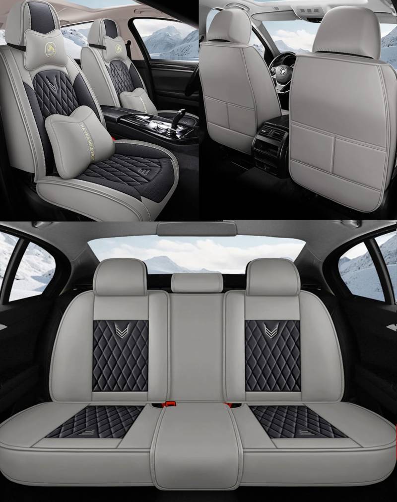 NOBQUA Autositzbezüge Universal Set, Leder Autositzbezug Komplettset, Aus Premium Leder + Einzigartigem Design 5-Sitzer Sitzbezüge (Kompatible Automodelltabelle enthalten) von NOBQUA