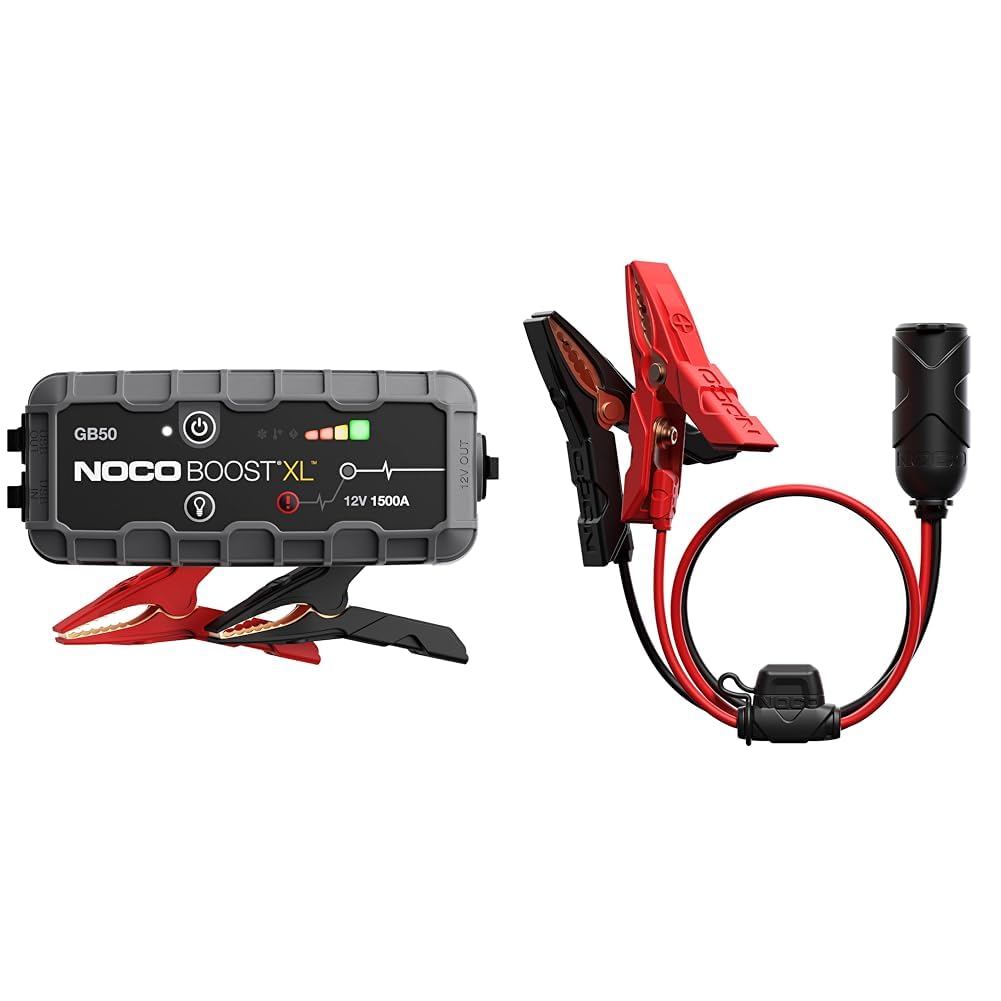 NOCO Boost XL GB50 1500A 12V UltraSafe Starthilfe Powerbank & GC017 15A 14AWG 12V Adapter, Hochleistungs-Zigarettenanzünderstecker und Buchse mit Batterieklemmen von NOCO