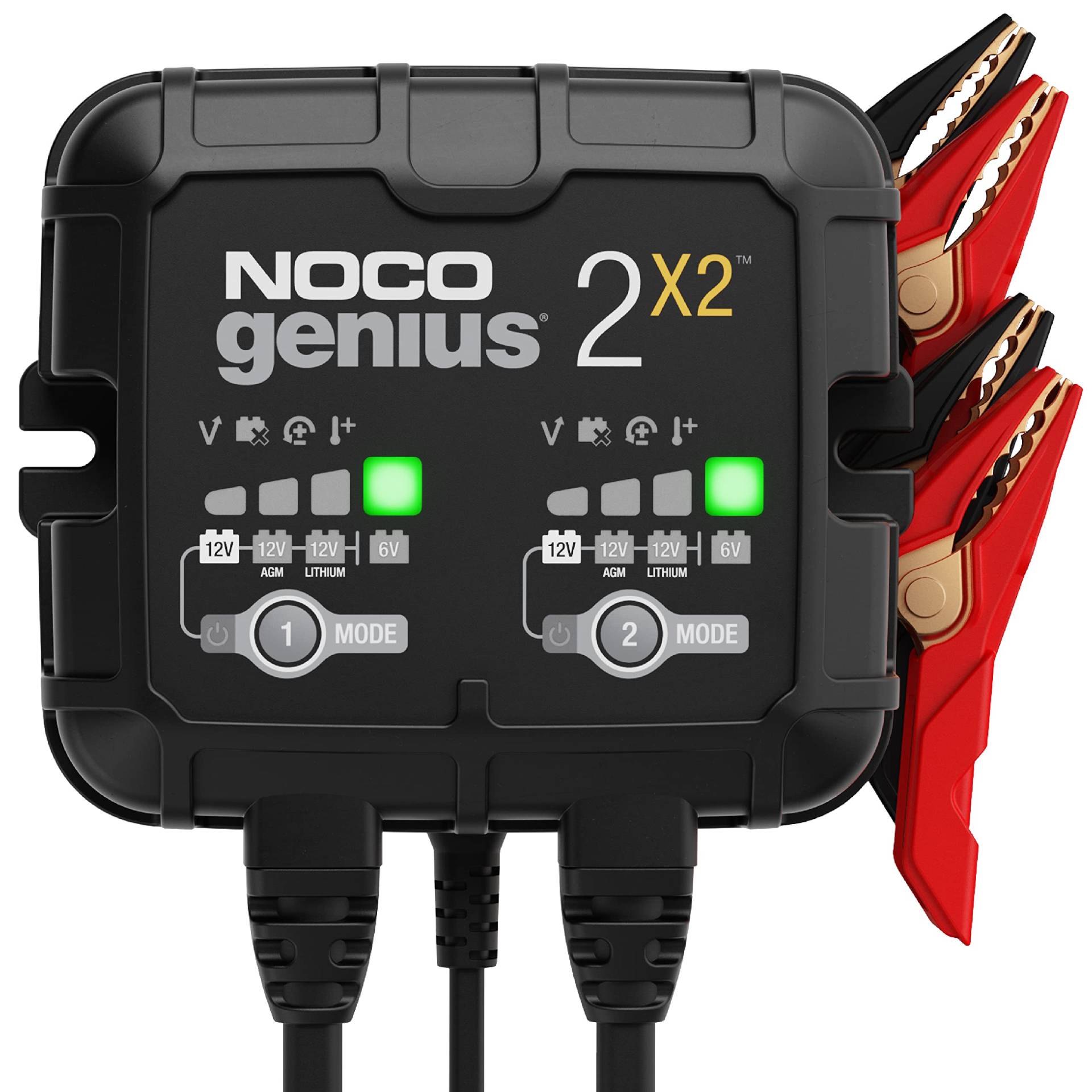 NOCO GENIUS2X2, 4A (2A/Bank) Intelligent Ladegerät, 6V/12V Batterieladegerät, Erhaltungsladegerät, Erhaltungsladung und Desulfator für Auto, Motorrad, KFZ, LKW, PKW, Roller, Wohnmobil, und Wohnwagen von NOCO