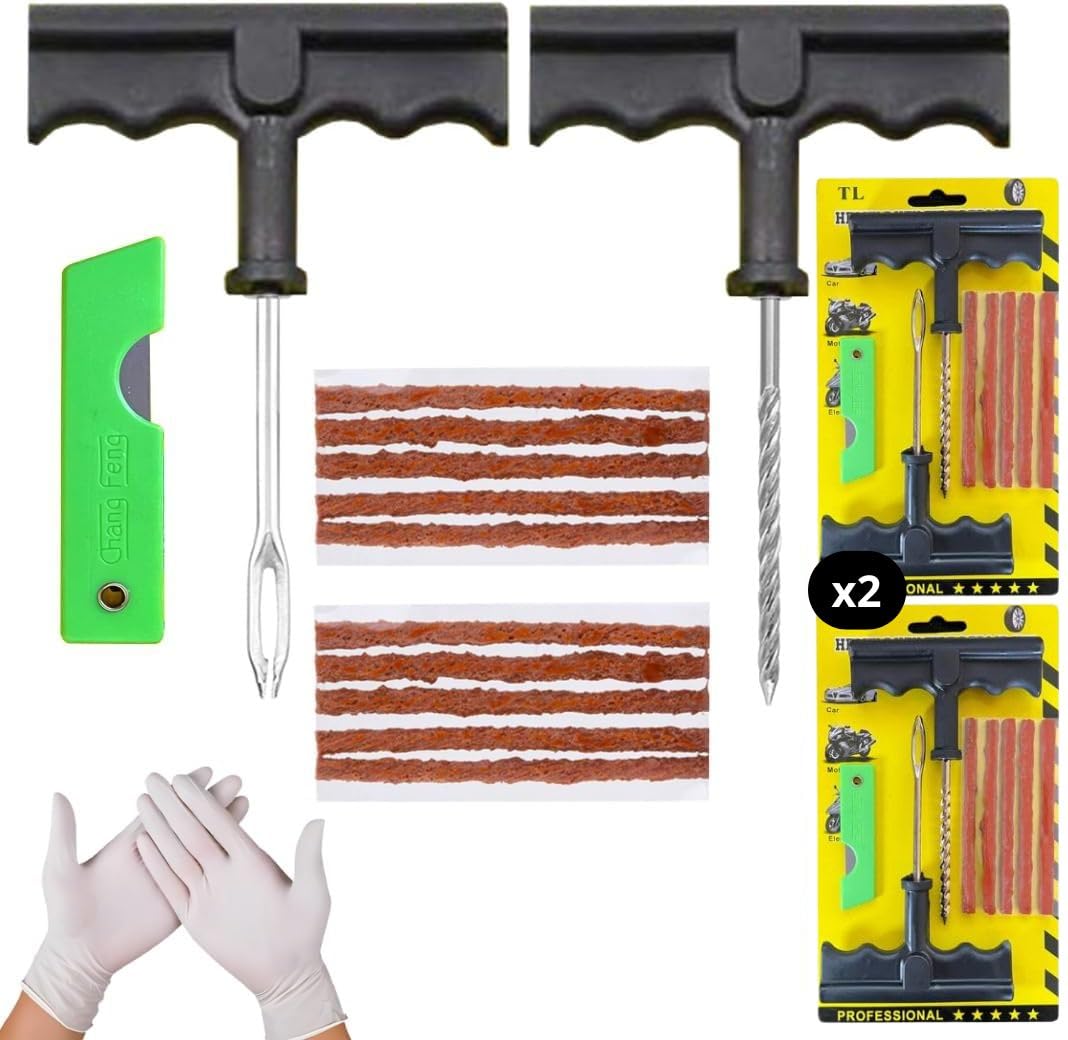 NOOGUI 2X Reifenreparaturset Auto | Flickset Motorrad und Fahrrad | Repariert Reifen in 15 Minuten | 10 Dichtstreifen, T-Werkzeuge und Cutter Inklusive | Für Alle Reifentypen Geeignet von NOOGUI