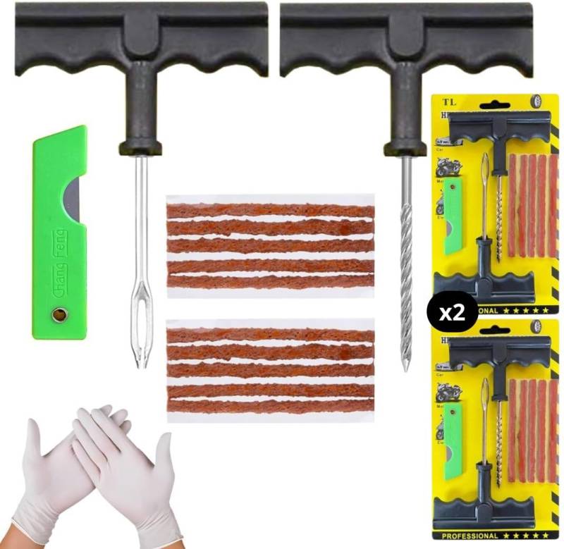 NOOGUI 2X Reifenreparaturset Auto | Flickset Motorrad und Fahrrad | Repariert Reifen in 15 Minuten | 10 Dichtstreifen, T-Werkzeuge und Cutter Inklusive | Für Alle Reifentypen Geeignet von NOOGUI