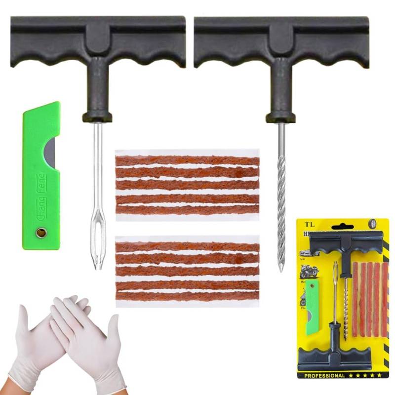 NOOGUI Reifenreparaturset | Auto Reifen Reparatur Kit | Reparieren in 15 Minuten | Enthält 10 Vulkanisierende Streifen, 2 T-Griffe, 2 Handschuhe,1 Taschenmesser| Reifen Flickzeug für Alle Reifentypen von NOOGUI
