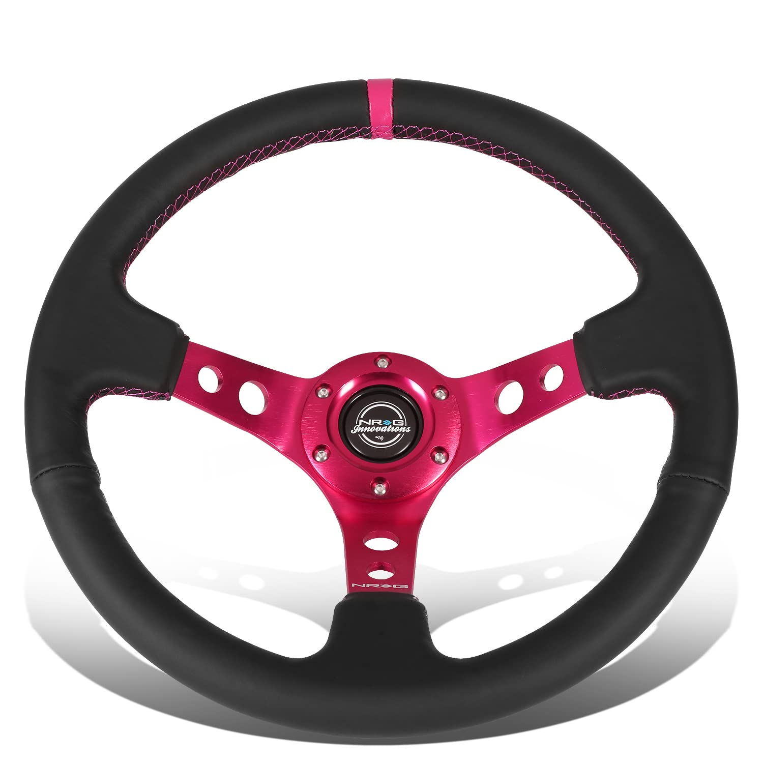 NRG Innovations NRG-RST-006FH Verstärktes Lenkrad, 350 mm Sportlenkrad (7,6 cm tief), schwarzes Leder, fuchsiafarbene Mittelmarkierung mit fuschiafarbenen Nähten, Fuchsia-Speichen von NRG Innovations
