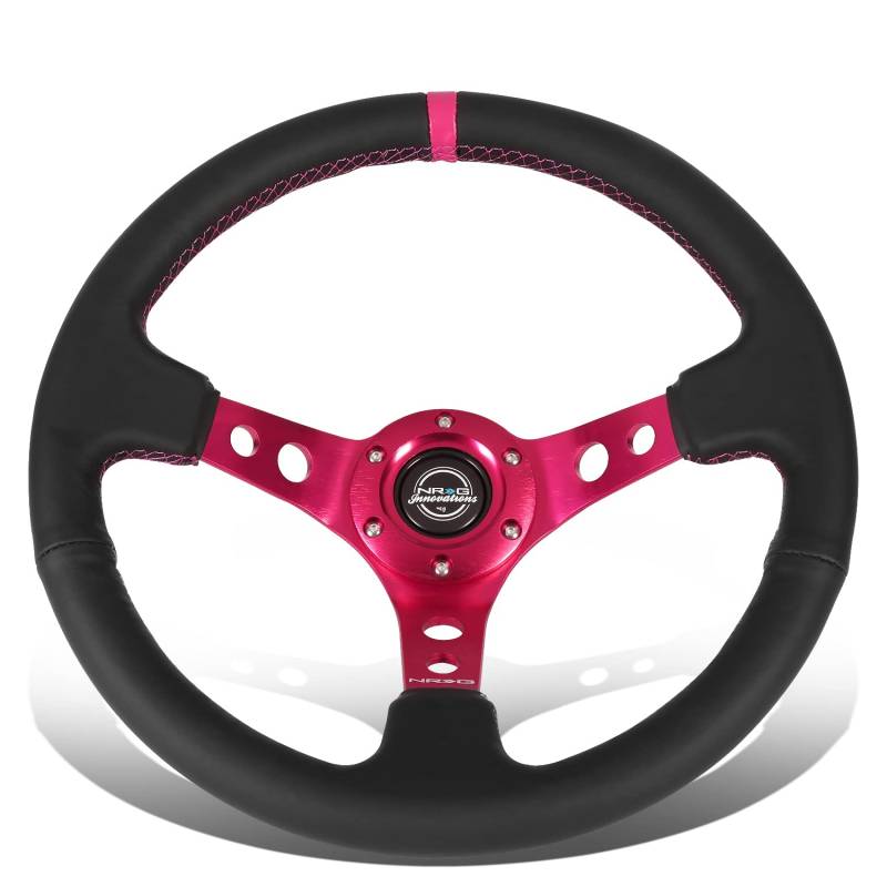 NRG Innovations NRG-RST-006FH Verstärktes Lenkrad, 350 mm Sportlenkrad (7,6 cm tief), schwarzes Leder, fuchsiafarbene Mittelmarkierung mit fuschiafarbenen Nähten, Fuchsia-Speichen von NRG Innovations