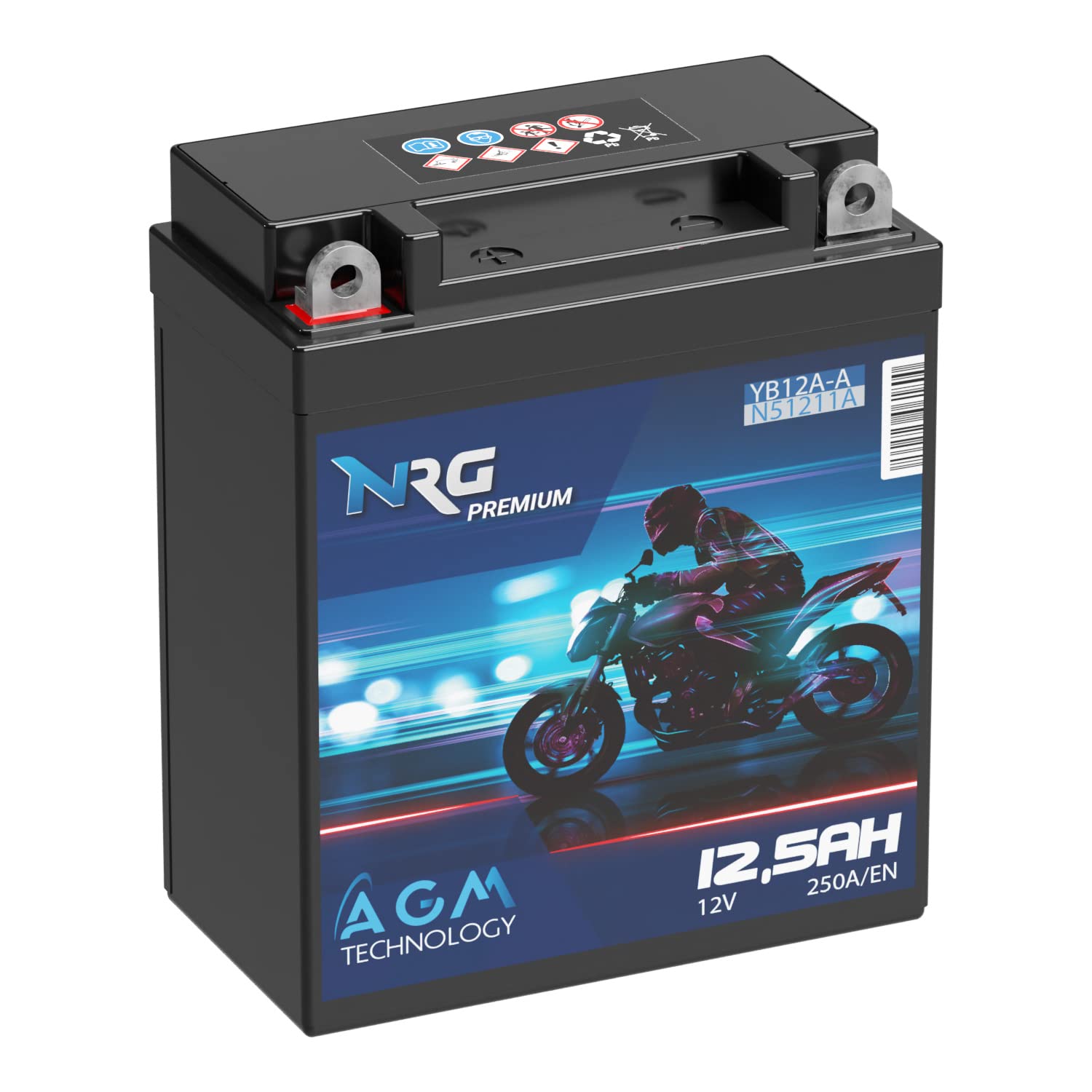 NRG PREMIUM YB12A-A AGM Motorradbatterie 12V 12,5Ah 250A/EN 51211 YB12A-B CB12A-A AGM Batterie 12V doppelte Lebensdauer vorgeladen auslaufsicher wartungsfrei ersetzt 10Ah von NRG PREMIUM