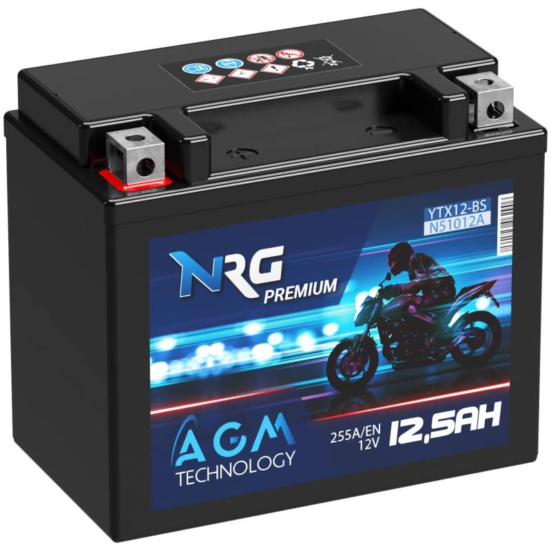 NRG PREMIUM YTX12-BS AGM Motorradbatterie 12V 12,5Ah 255A/EN entspricht Batterie CTX12-BS 51012 GTX12-BS Quad auslaufsicher wartungsfrei ersetzt 12Ah von NRG PREMIUM