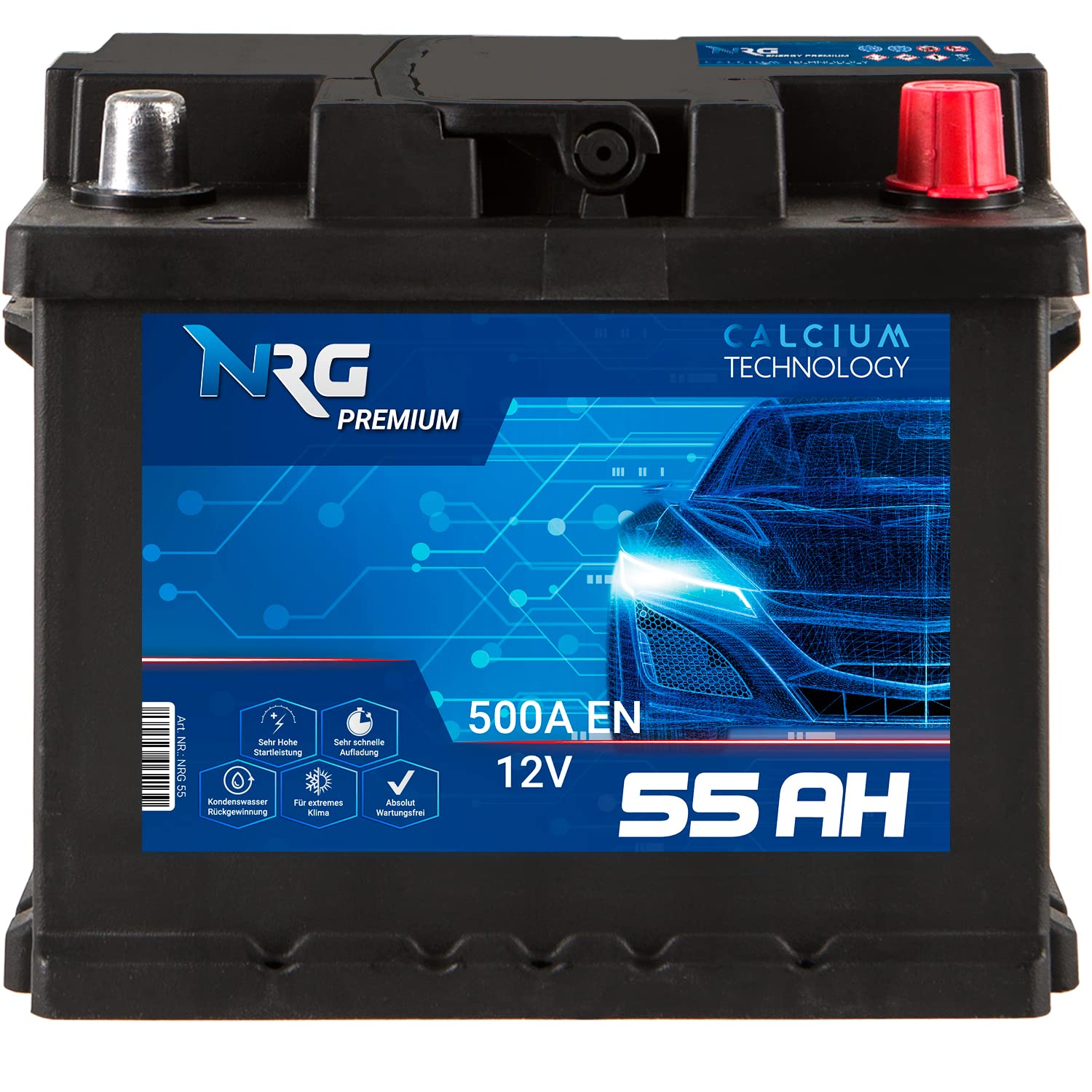 NRG Premium Autobatterie 12V 55Ah 500A/EN Batterie ersetzt 45Ah 47Ah 50Ah 52Ah 53Ah 54Ah von NRG PREMIUM