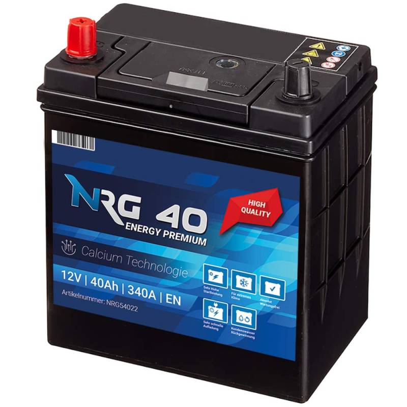 NRG Premium Autobatterie 40Ah 12V 340A/EN ASIA Japan Plus Pol Links 30% mehr Startleistung ersetzt 35AH 38AH 42AH von NRG PREMIUM