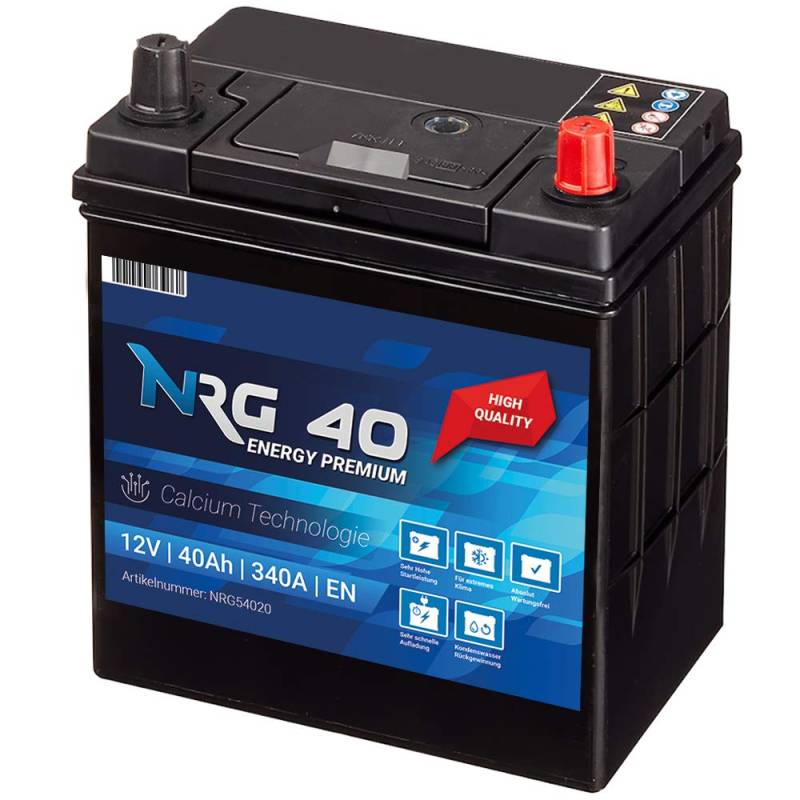 NRG Premium Autobatterie 40Ah 12V 340A/EN ASIA Japan Plus Pol Rechts 30% mehr Startleistung ersetzt 35AH 38AH 42AH von NRG PREMIUM