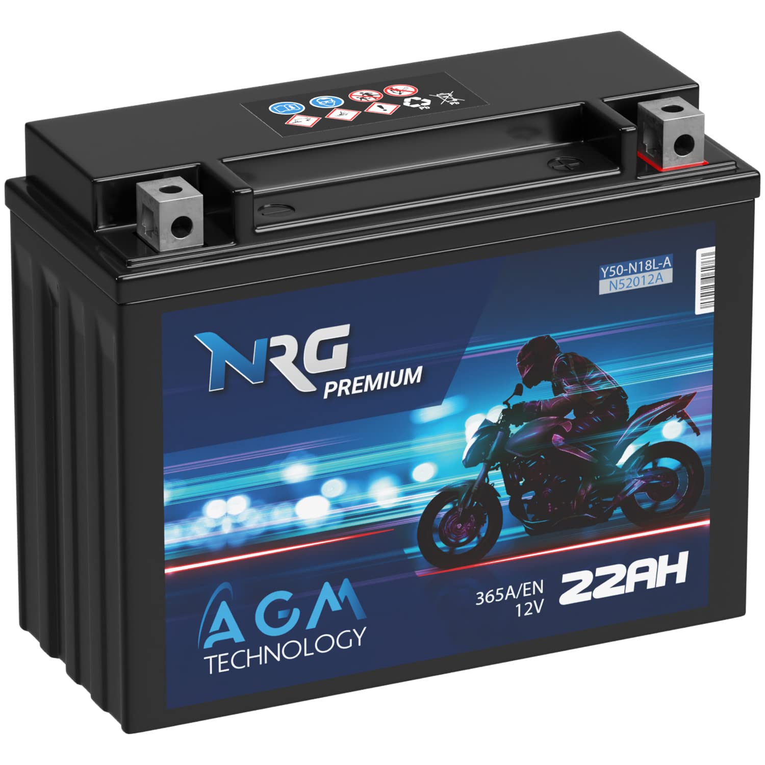 NRG Premium Y50-N18L-A AGM Motorradbatterie 22Ah 12V 365A/EN Batterie 52012 52016 C50-N18L-A Y50N18L-A2 auslaufsicher wartungsfrei ersetzt 20Ah 21Ah von NRG PREMIUM