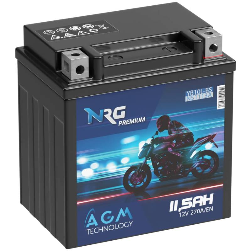NRG Premium YB10L-BS AGM Motorradbatterie 11,5Ah 12V 270A/EN Batterie 51113 YB10L-A2 YB10L-B2 auslaufsicher wartungsfrei ersetzt 11Ah von NRG PREMIUM