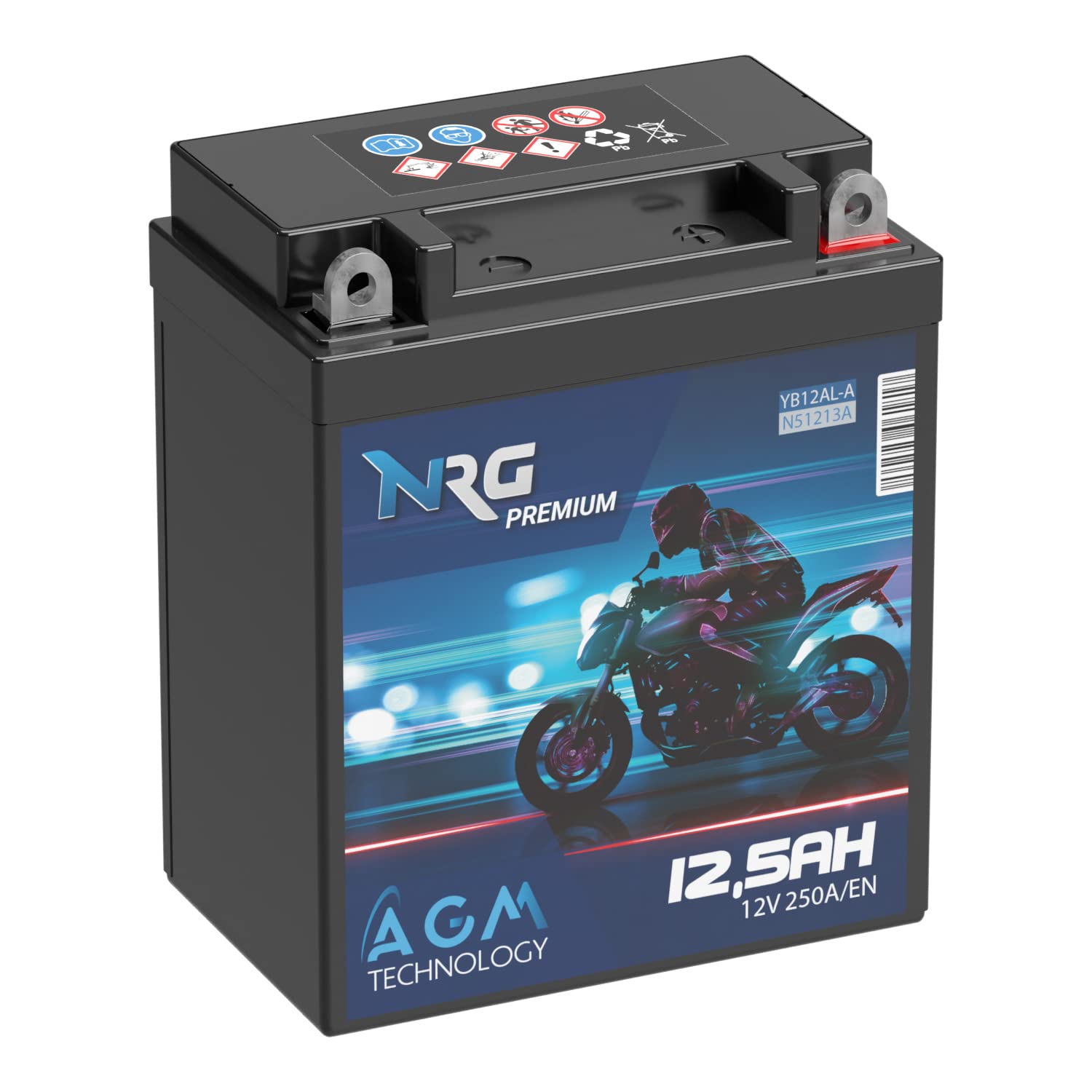 NRG Premium YB12AL-A2 AGM Motorradbatterie 12,5Ah 12V 250A/EN Batterie 51213 YB12AL-A auslaufsicher wartungsfrei ersetzt 12Ah 10Ah von NRG PREMIUM