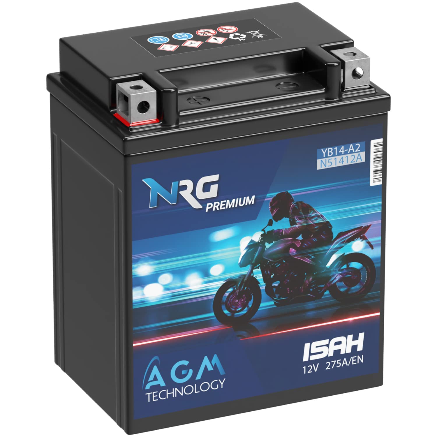 NRG Premium YB14-A2 AGM Motorradbatterie 15Ah 12V 275A/EN Batterie 51412 CB14-A2 FB14-A2 6Y4P auslaufsicher wartungsfrei ersetzt 14Ah von NRG PREMIUM