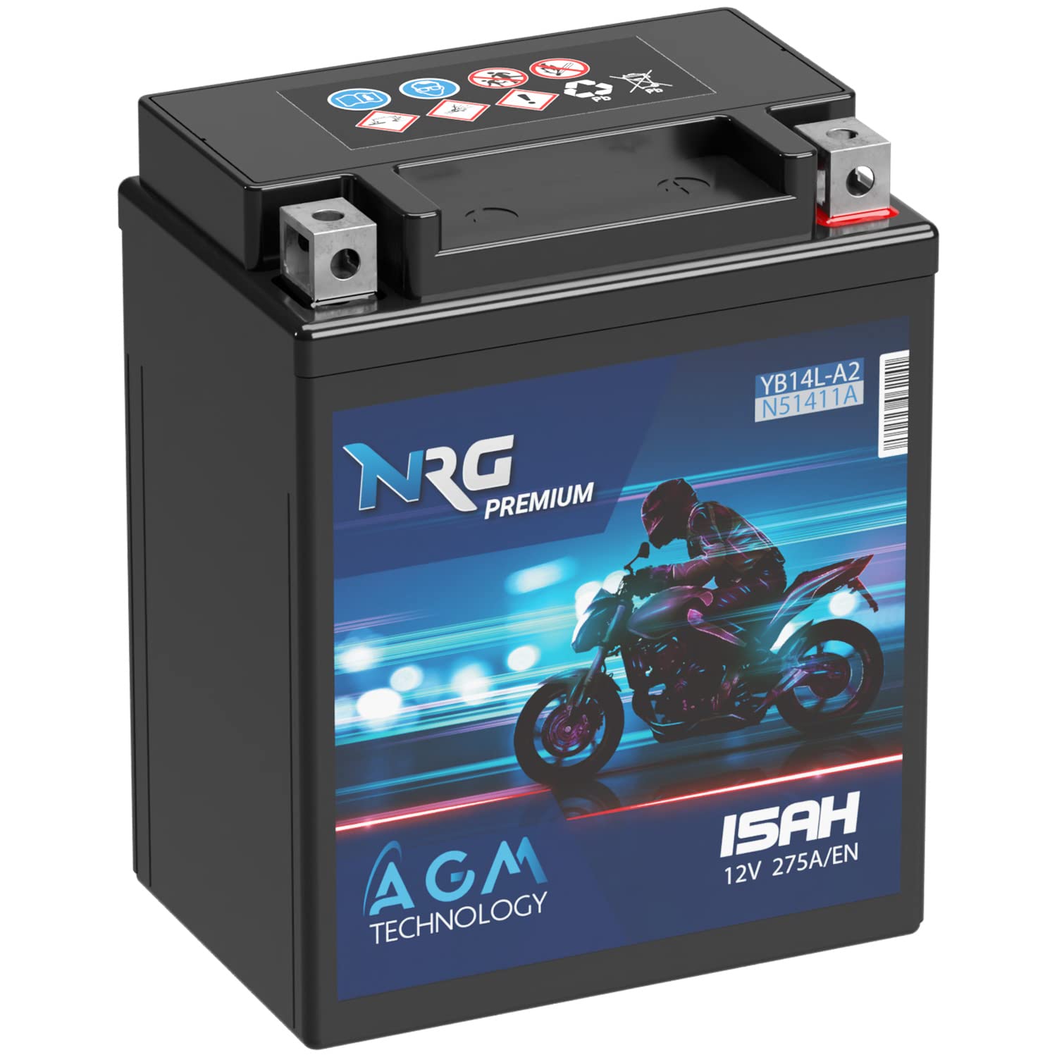 NRG Premium YB14L-A2 AGM Motorradbatterie 15Ah 12V 275A/EN Batterie 51411 12N14-3A FB14L-A2 auslaufsicher wartungsfrei ersetzt 14Ah von NRG PREMIUM