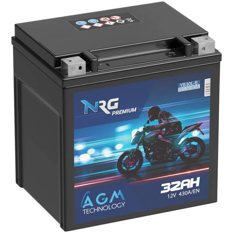 NRG Premium YB30L-B AGM Motorradbatterie 32Ah 12V 430A/EN 53040 HVT-02 YIX30L-BS ersetzt 30Ah 33Ah Batterie auslaufsicher wartungsfrei von NRG PREMIUM