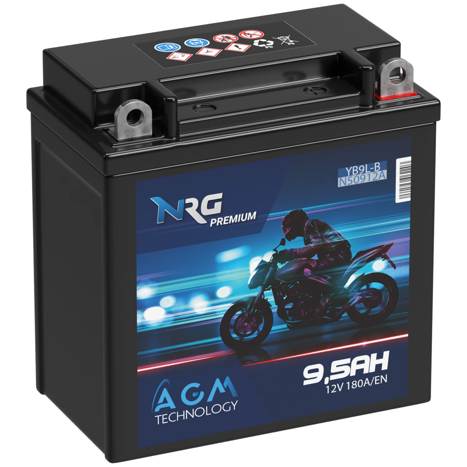NRG Premium YB9L-B AGM Motorradbatterie 9,5Ah 12V 180A/EN Batterie 50912 YB9L-A2 12N7-3B 12N9-3B auslaufsicher wartungsfrei ersetzt 9Ah von NRG PREMIUM