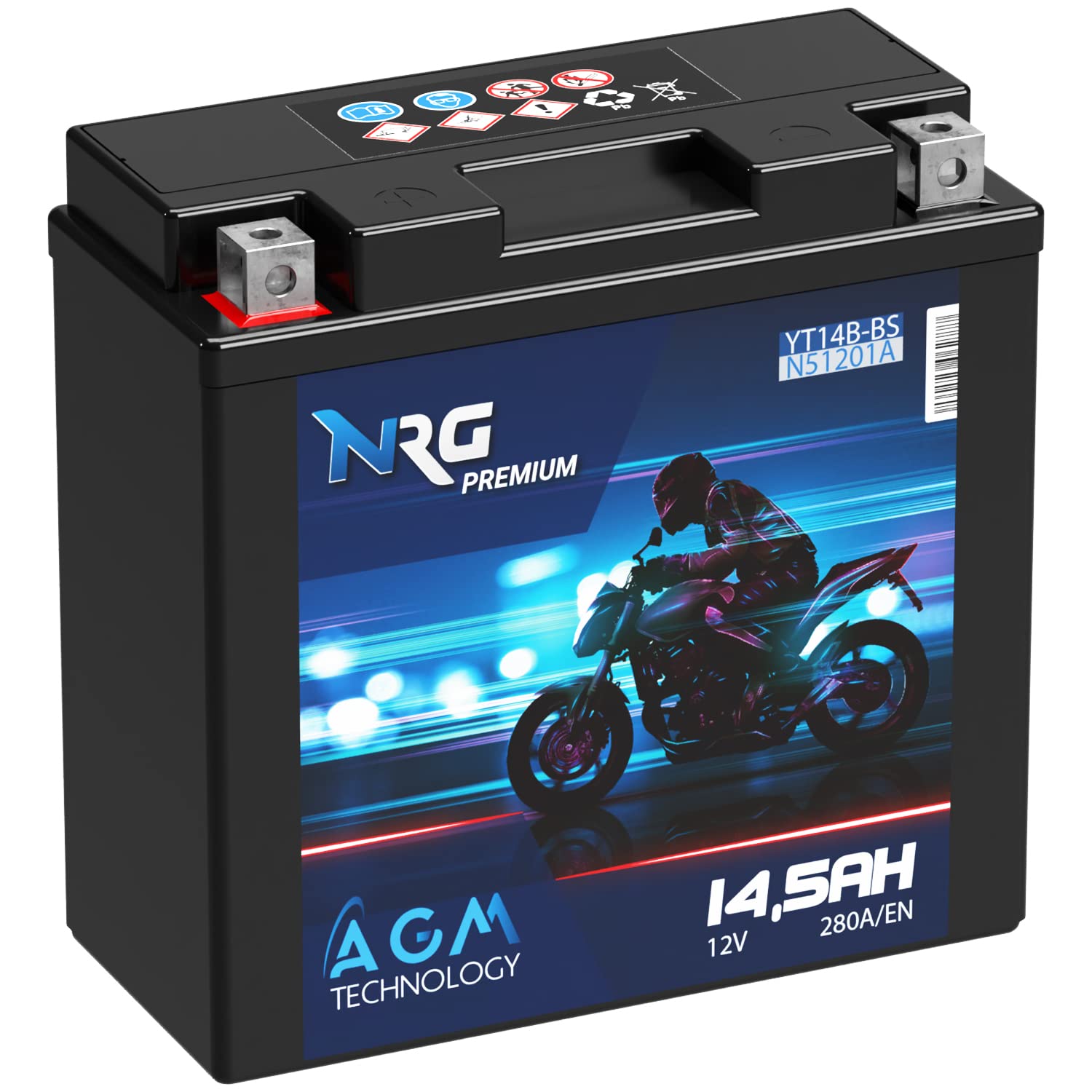NRG Premium YT14B-4 AGM Motorradbatterie 14,5Ah 12V 280A/EN Batterie 51201 51422 GT14B-4 YT14B-BS auslaufsicher wartungsfrei ersetzt 14Ah von NRG PREMIUM